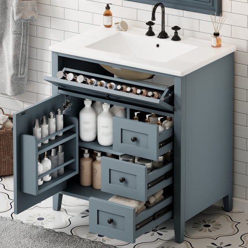 GDFStudio Lillian Modern Wood Freestanding Bathroom Vanity with Ceramic Sink and 3 Drawers, Blue Gray, 30"