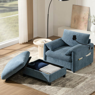 GDFStudio Sandy 38" Single Chenille Sofa with Storage Ottoman and USB & Type-C Charger, Blue