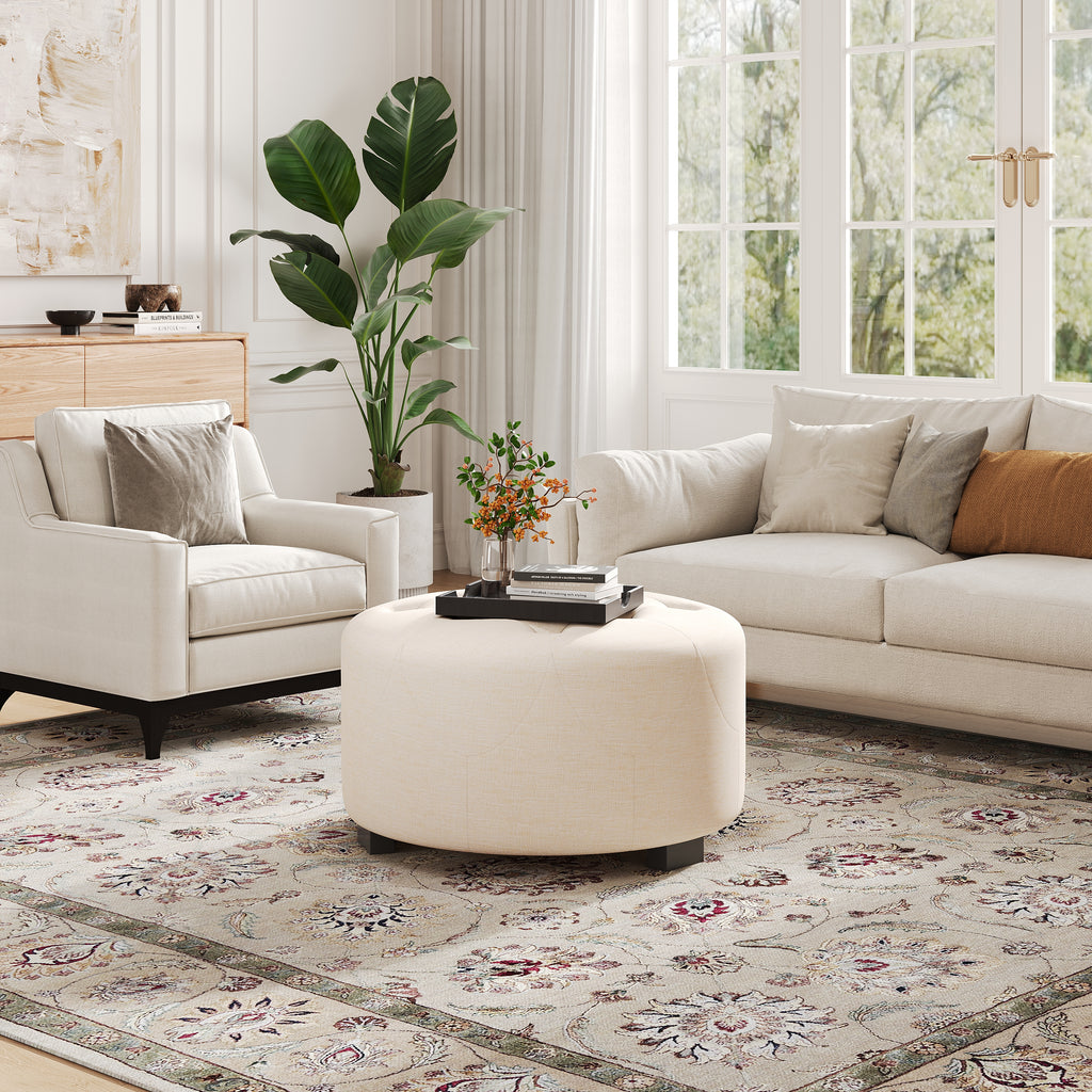 Christopher Knight Home Round Linen Ottoman with Button Tufted Design & Birch Wood Legs – Versatile Footstool and Extra Seating