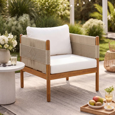 Christopher Knight Home Jiyeon Modern Outdoor Acacia Wood Club Chair with Diamond Rope Weave and Cushions (Set of 2), Teak/Beige