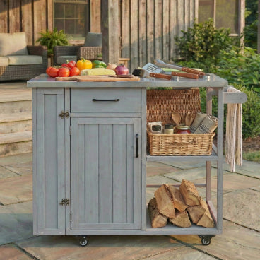 GDFStudio Tony Outdoor Kitchen Island Fir Wood Prep Station with Stainless Steel Top, Gray