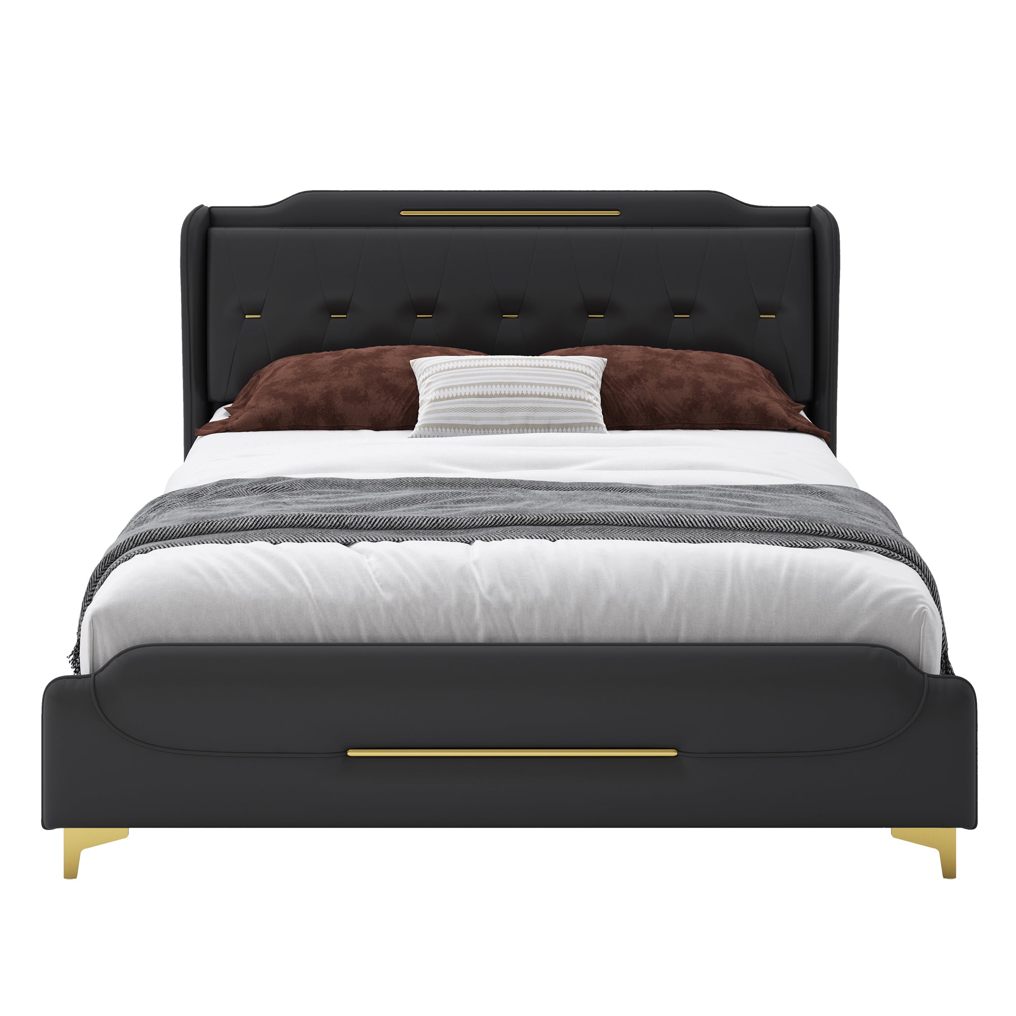 Christopher Knight Home Modern Faux Leather Platform Bed with Gold Metal Accents & Sturdy Wood-Metal Frame