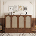 GDFStudio Dolores Pine Wood and Rattan Queen Size Murphy Bed with Charging Ports and Drawer, Walnut