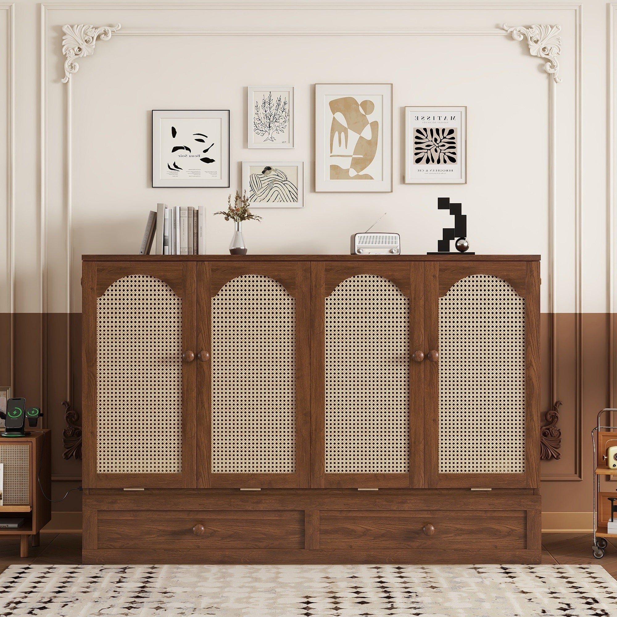 GDFStudio Dolores Pine Wood and Rattan Queen Size Murphy Bed with Charging Ports and Drawer, Walnut