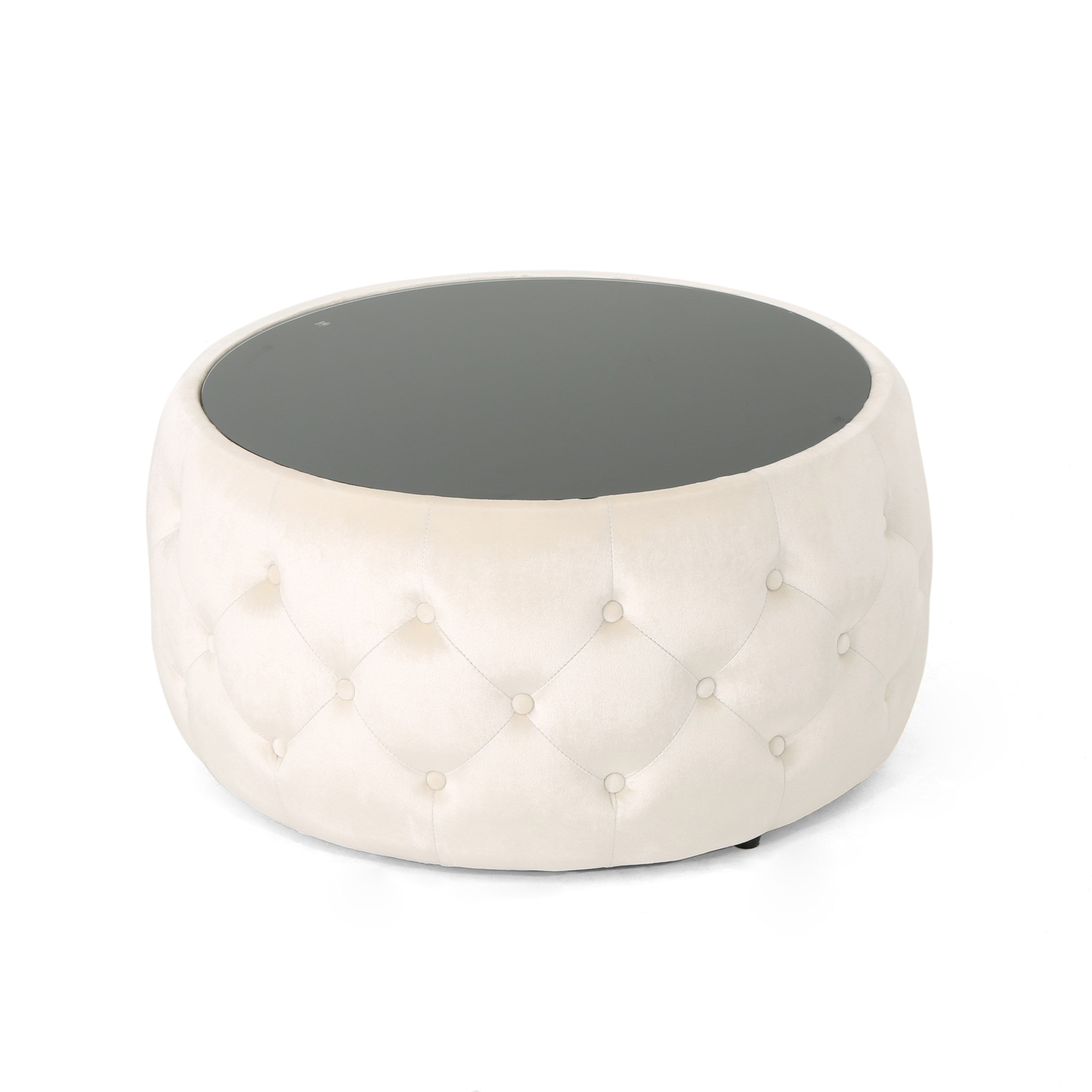 Christopher Knight Home Velvet Round Tufted Ottoman with Tempered Glass Top – Modern Glam Accent
