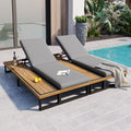 GDFStudio Mason Patio Modern Acacia Wood Chaise Lounge with Cushion and Wood Side Table, 5-Position Adjustable Backrest, Natural/Gray, Set of 2