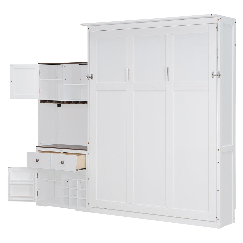 Queen Size Murphy Bed with Storage, Wine Rack & LED Lights – Space-Saving Wall Bed with Cabinets & Shelves for Modern Apartments
