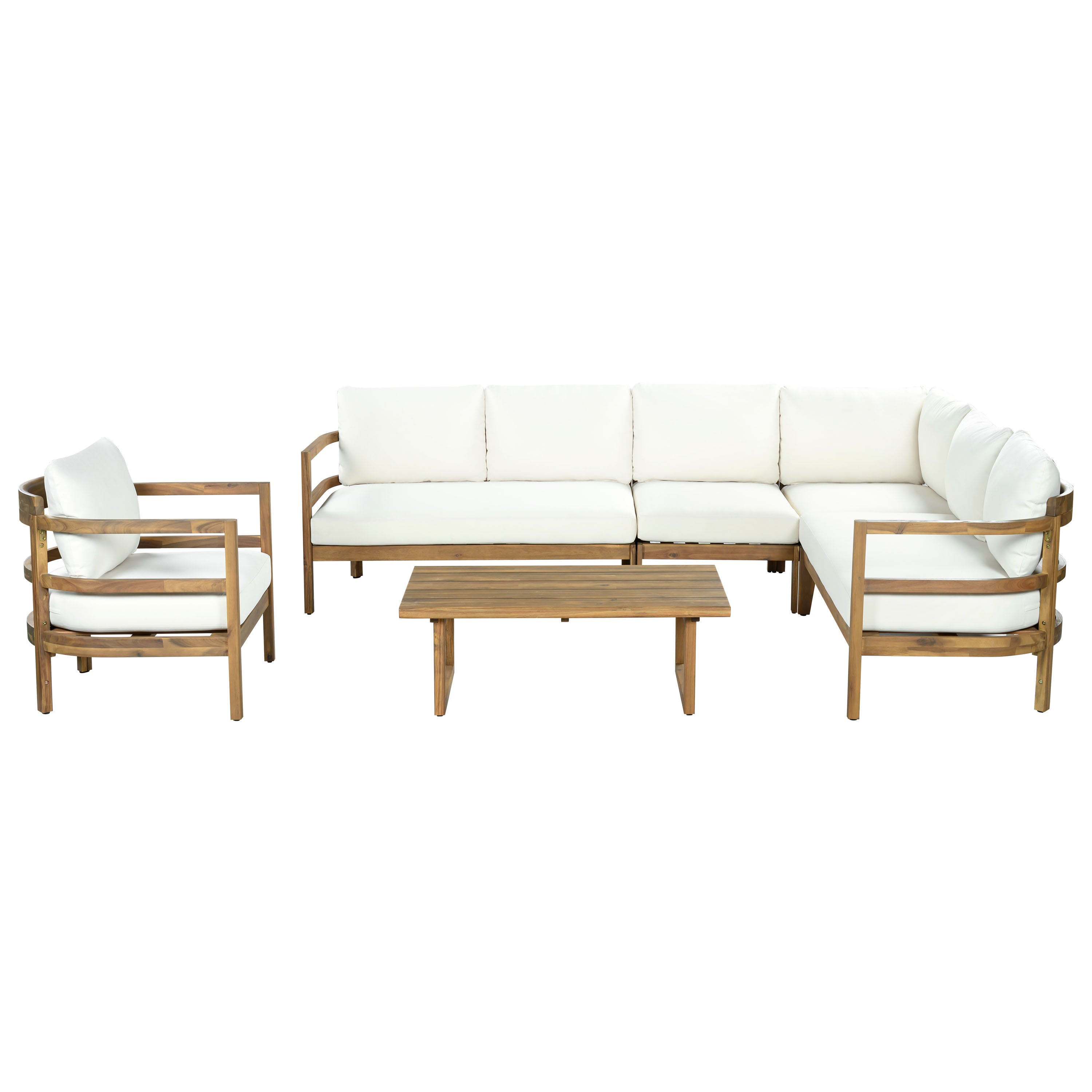 Christopher Knight Home Harmonia Farmhouse Outdoor Acacia Wood 6-Seater Sectional Sofa Set with Water-Resistant Cushions, Beige/Light Brown