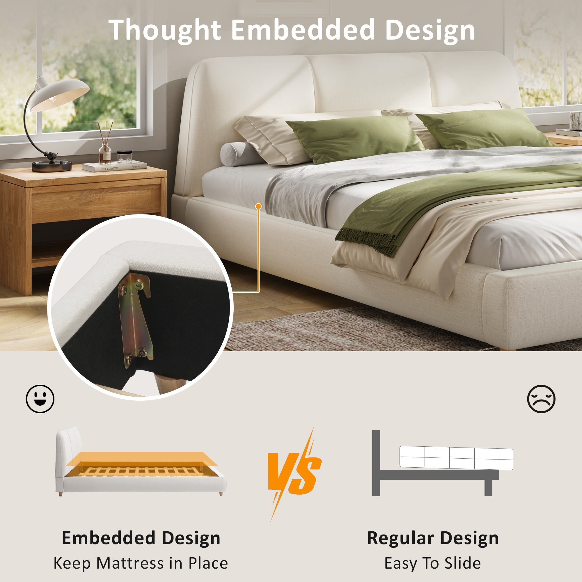 Christopher Knight Home Cotton Linen Upholstered Platform Bed with Solid Wood Legs & Metal Support Frame