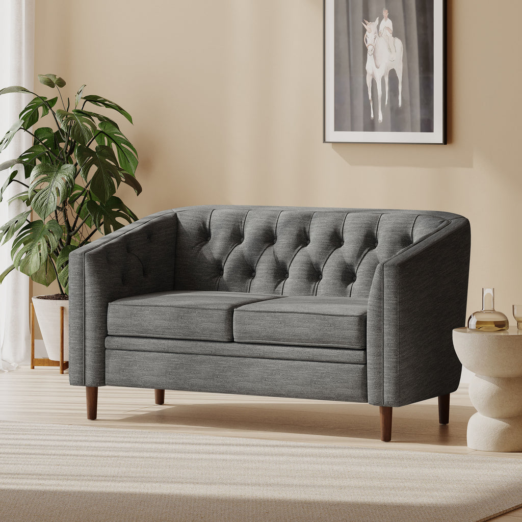 Tufted Loveseat with Birch Wood Legs – Modern Tub-Style Small Space Sofa