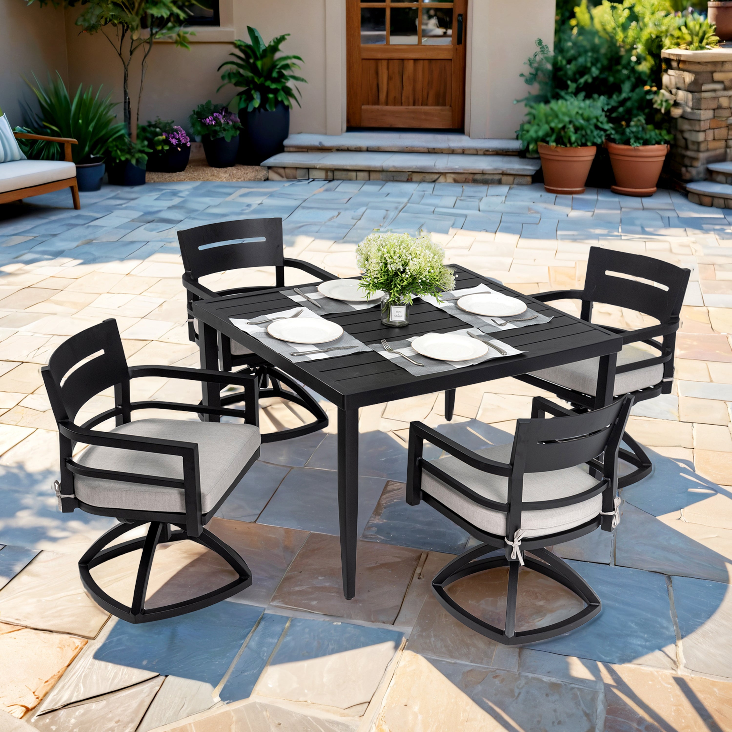 Christopher Knight Home Valerie Patio 5 Piece Aluminum Dining Set with Swivel and Sunbrella Cushions, Black