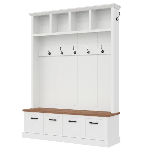GDFStudio Weston Modern Farmhouse Wood Hall Tree with Storage Bench, Open Shelves and Coat Hook, White