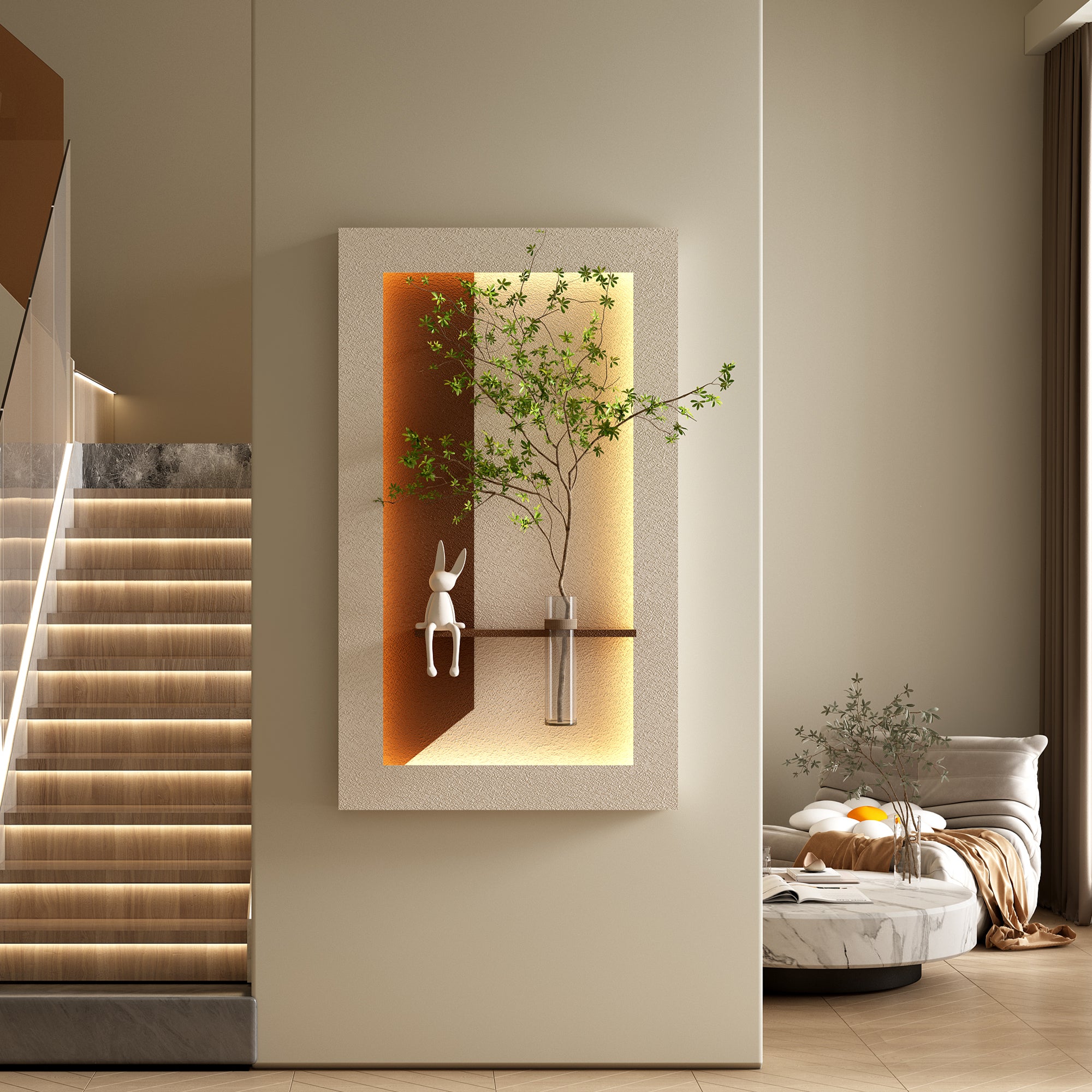 GDFStudio Olga Modern Adjustable LED Sandstone Wall Decor with Simulated Green Plants, Glass Vase & Rabbit Statue, Light Coffee