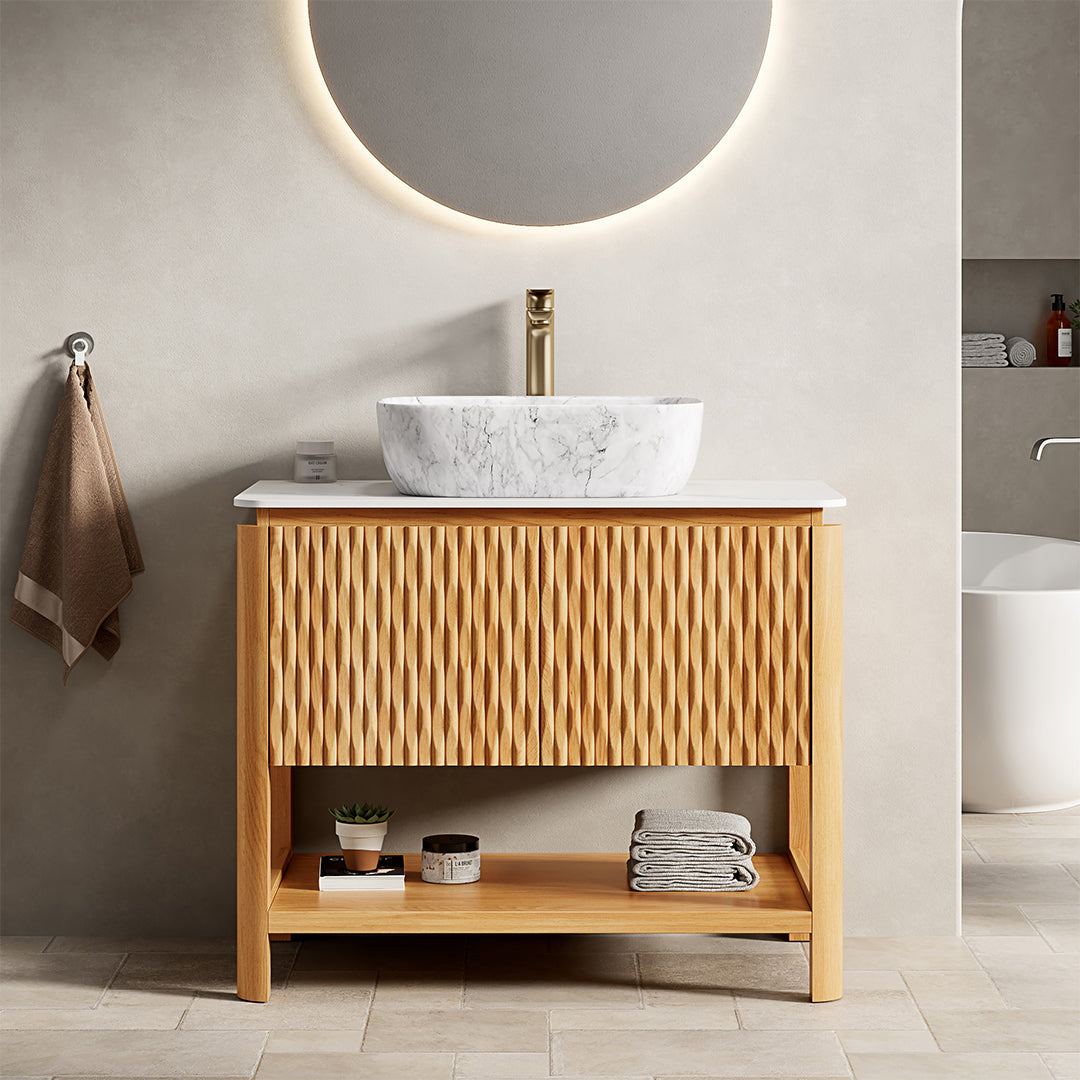 Christopher Knight Home Selene Freestanding Plywood Bathroom Vanity Bamboo Texture Doors and Open Shelf