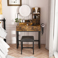 GDFStudio Thorn Rustic Mirror Vanity Set with Adjustable LED, Power Outlet, 2 Drawers and Open Shelves, Brown