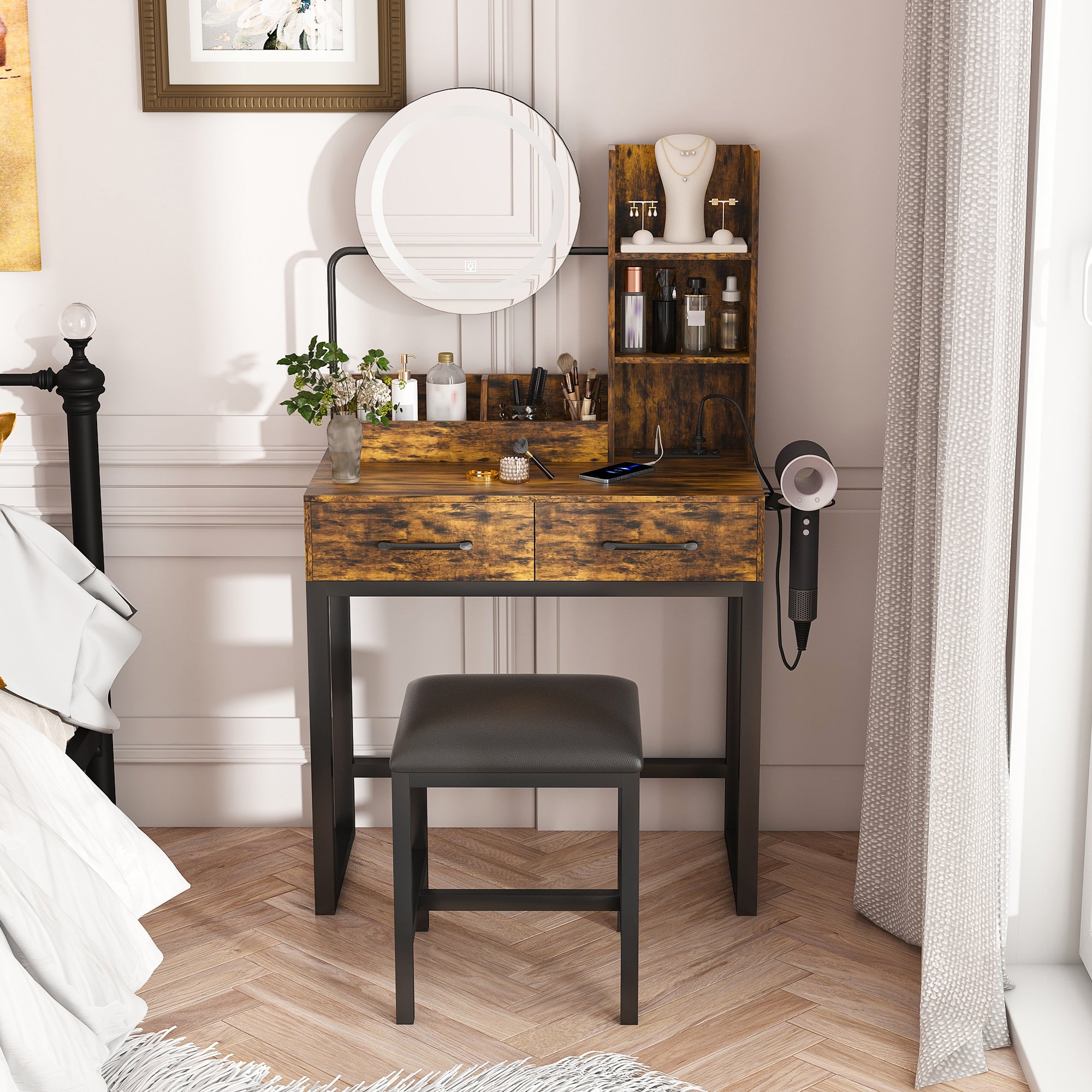 GDFStudio Thorn Rustic Mirror Vanity Set with Adjustable LED, Power Outlet, 2 Drawers and Open Shelves, Brown