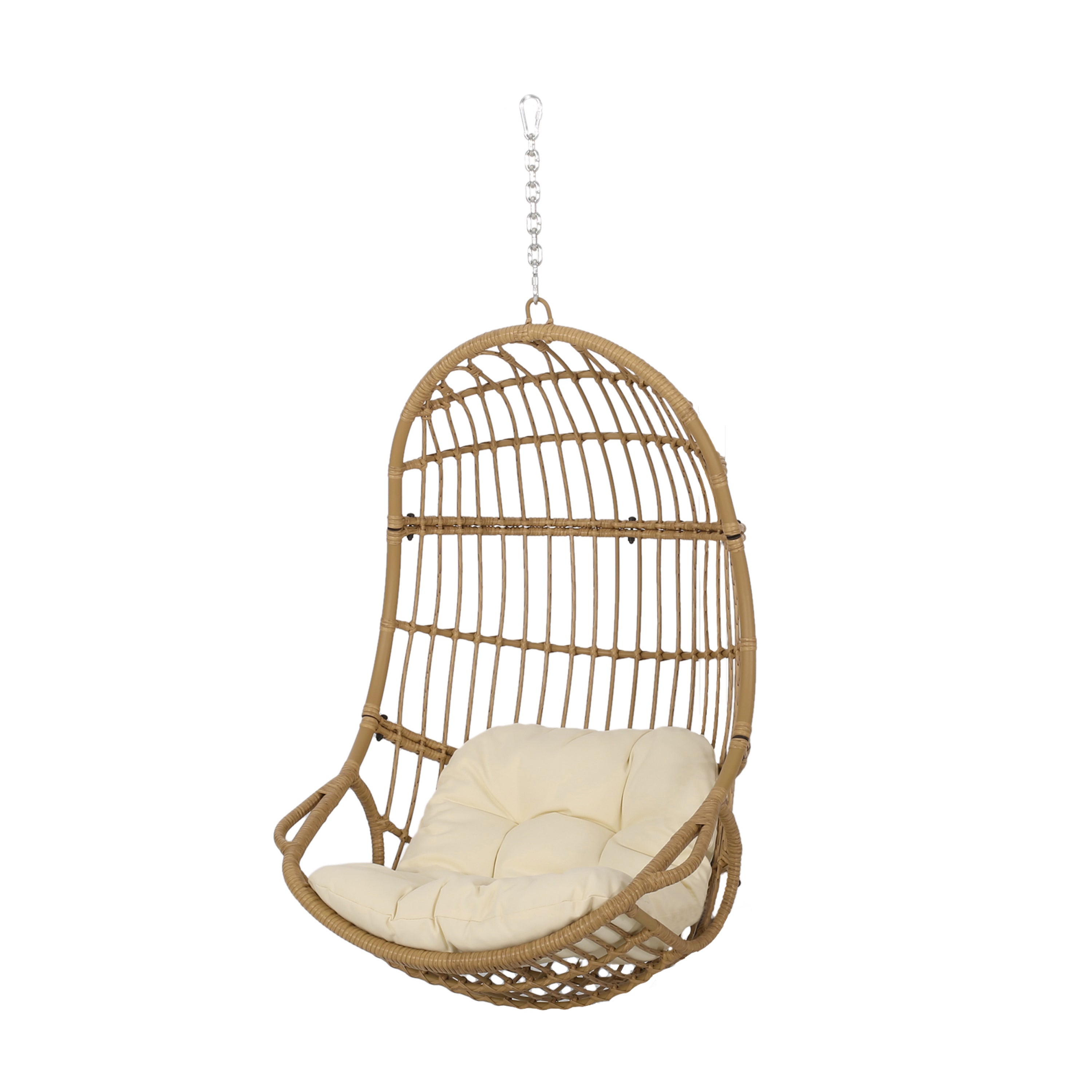 Christopher Knight Home Crumpton Outdoor Wicker Hanging Basket Chair with Cushions, Light Brown/Beige