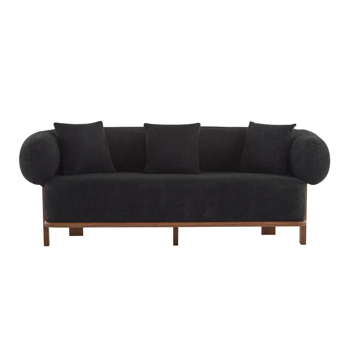 Christopher Knight Home Tadg 82" Rubberwood Boucle Upholstered 3 Seater Curved Sofa with 3 Pillows and Round Arm, Black