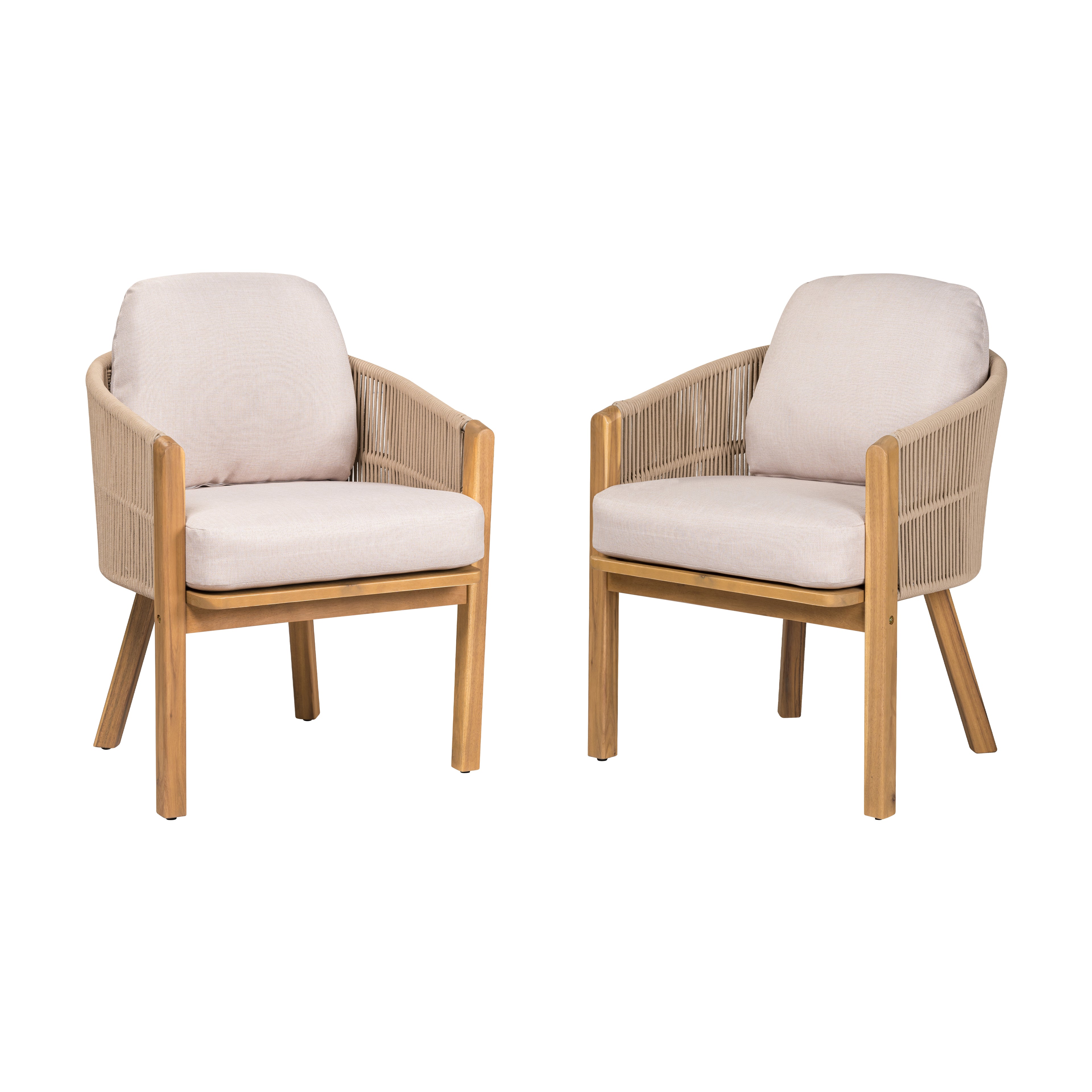 Christopher Knight Home Latoya Outdoor Acacia Wood Upholstered Dining Chair with Rope Accent (Set of 2), Teak/Beige