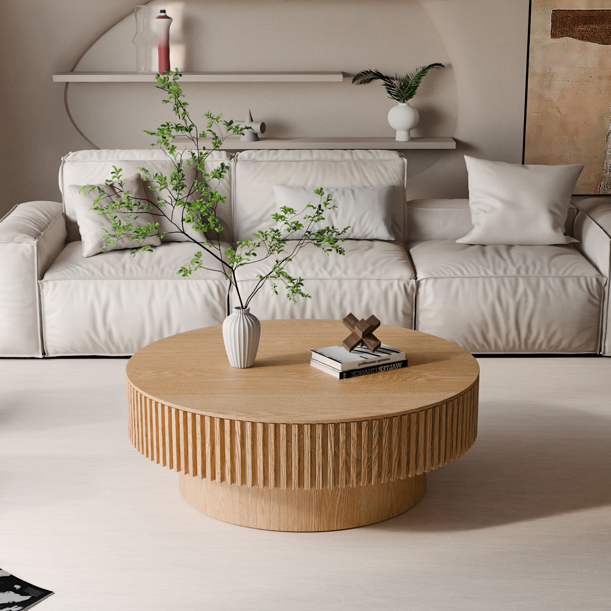 GDFStudio Sophia Modern Round Coffee Table with Storage, Natural/39.37"