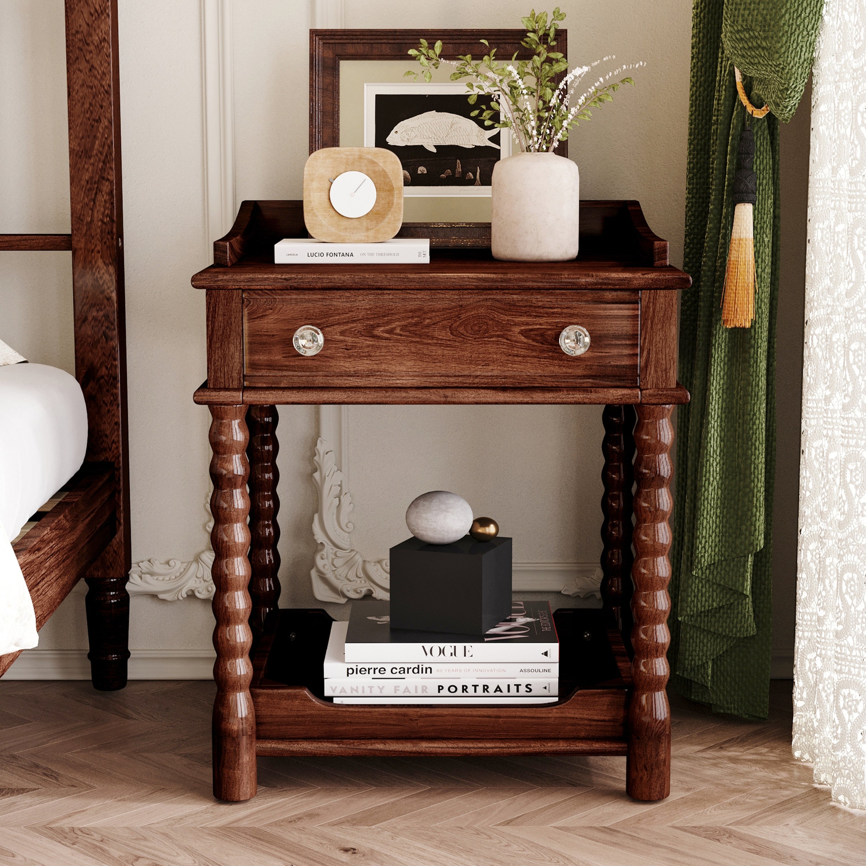 GDFStudio Cheng Rustic Nightstands with Drawer, Open Shelf and Metal Handle, Walnut