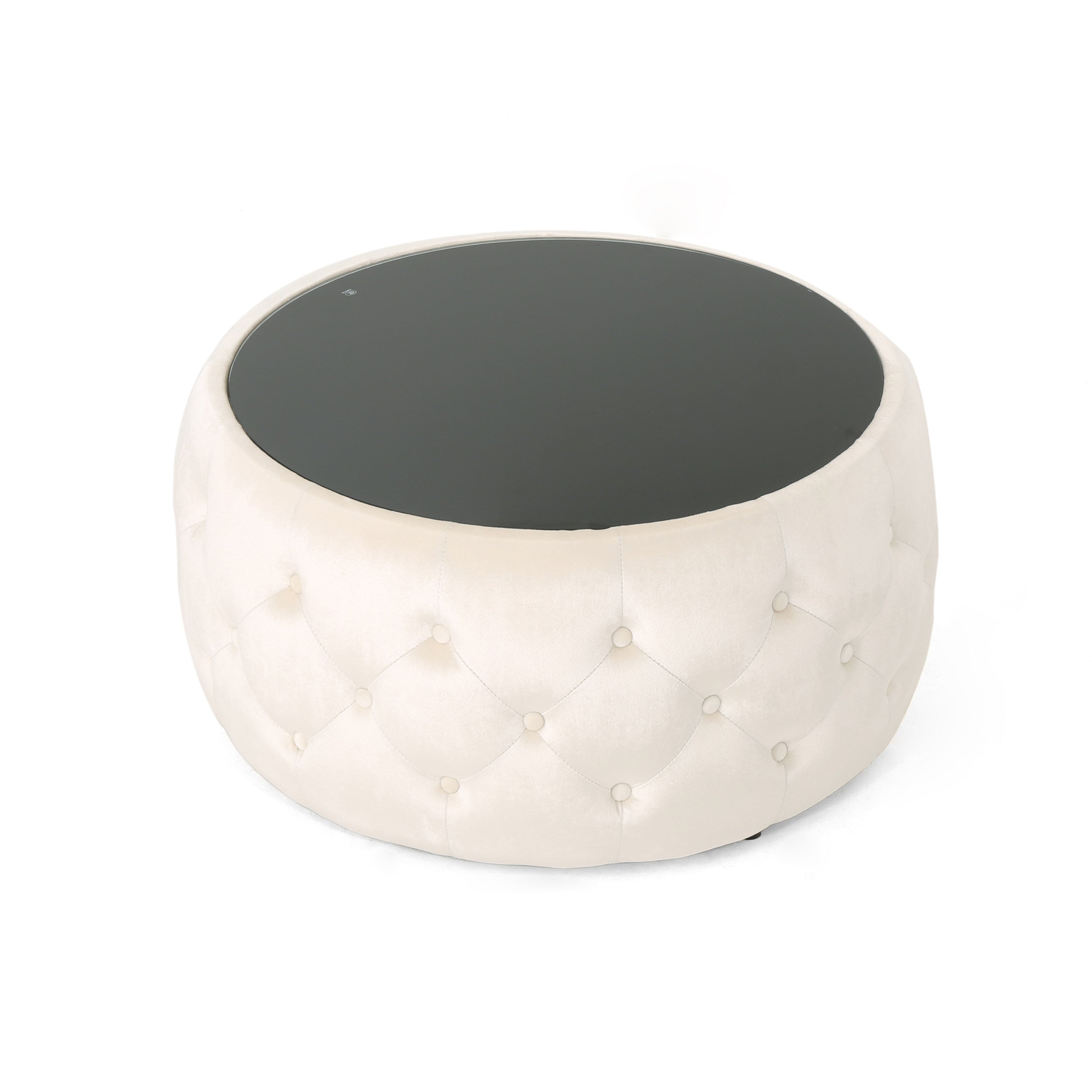 Christopher Knight Home Velvet Round Tufted Ottoman with Tempered Glass Top – Modern Glam Accent