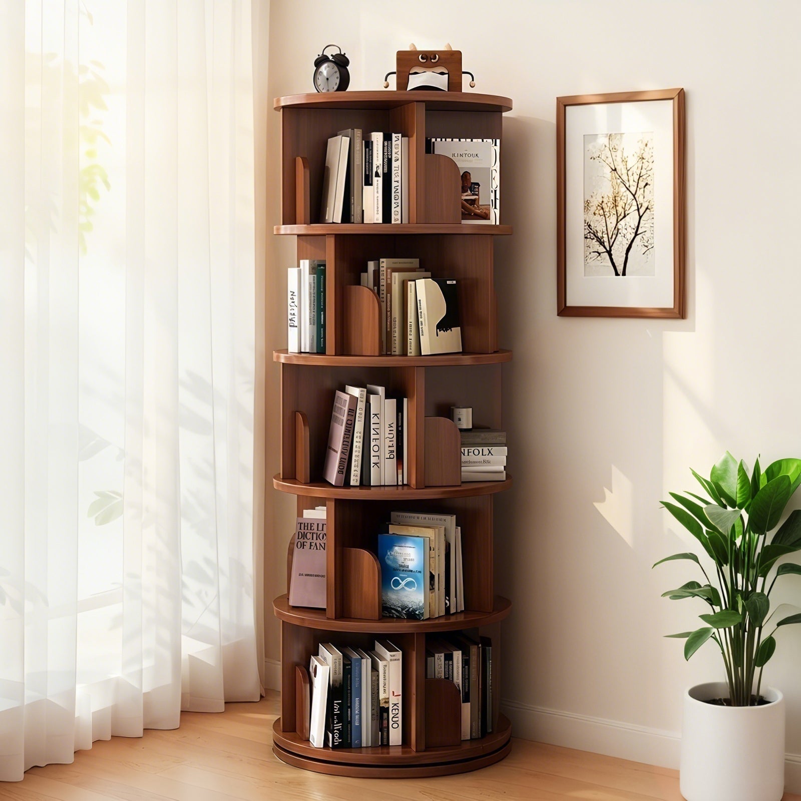 GDFStudio Hillside 360° Rotating Wood 5-Tier Bookshelf with Curved Edge and Large Storage Space, Walnut