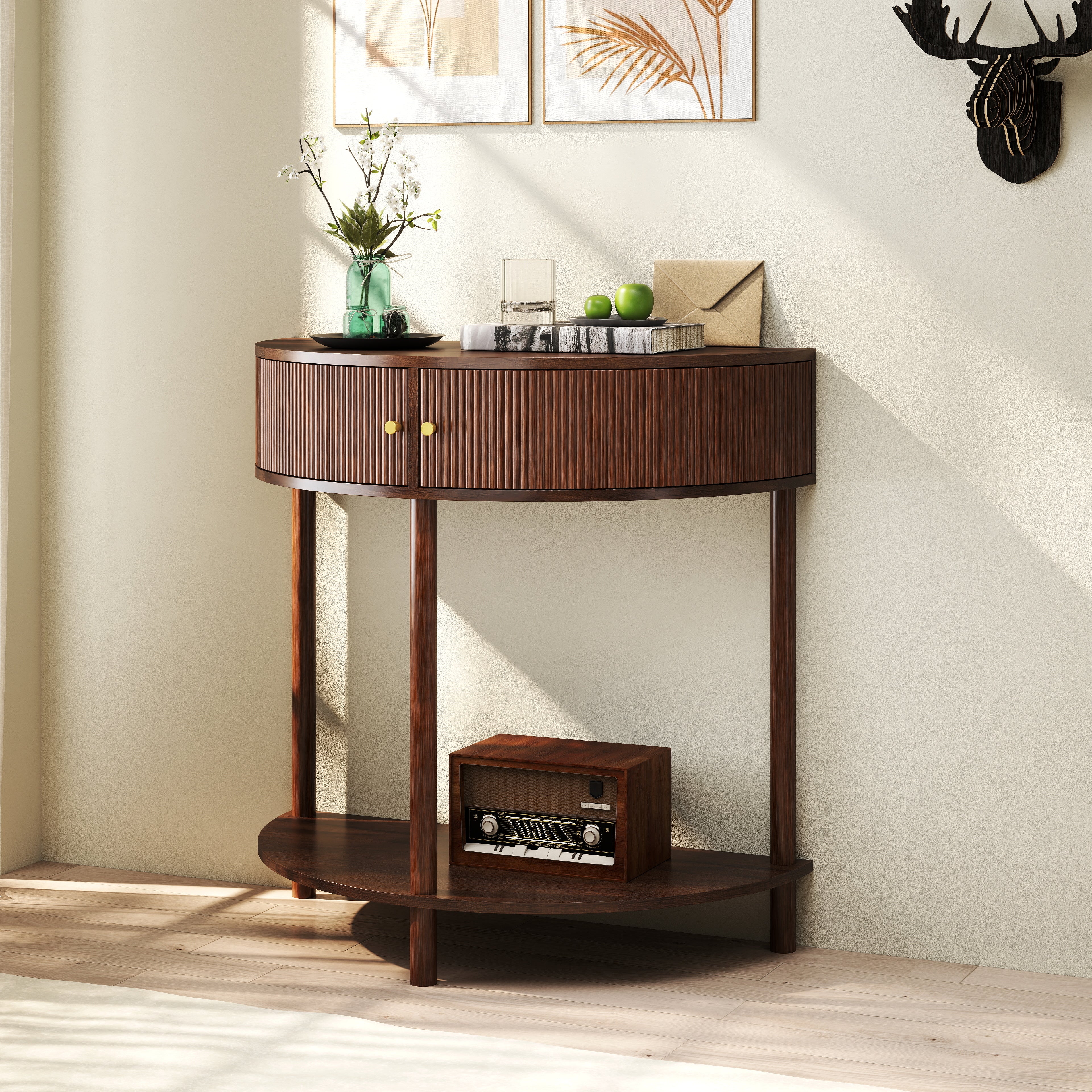 GDFStudio Kaveh Modern Wave-Pattern Half-Moon Wooden Console Table with 2 Drawers and Open Shelf, Brown