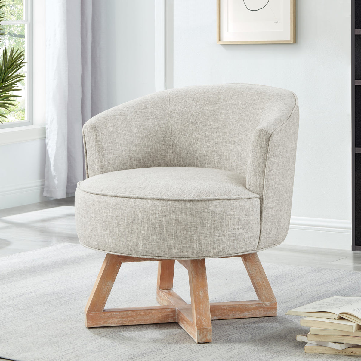 GDFStudio Glenn 360  Swivel Linen Upholstery Rubberwood Cross Base Chair, Light Gray