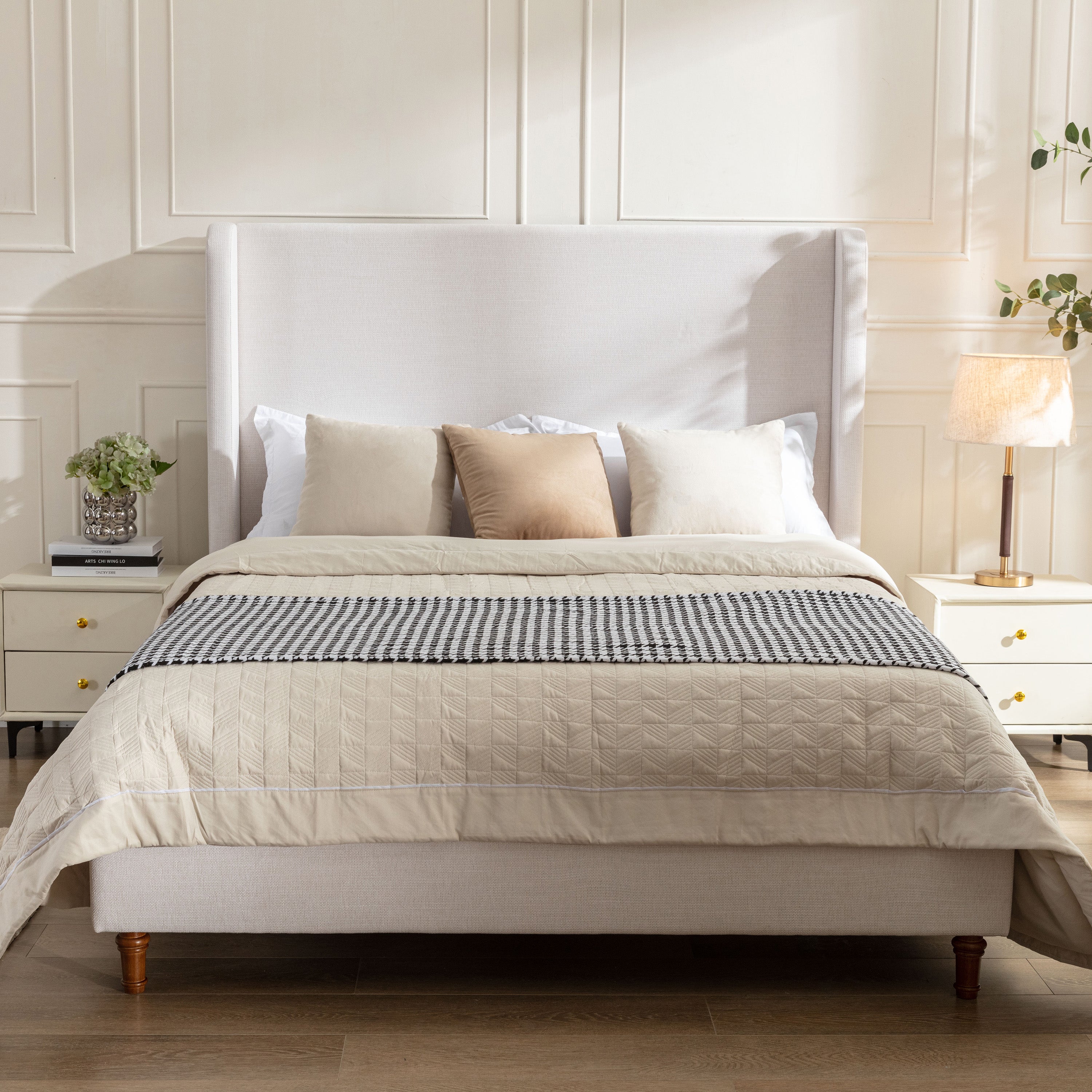 Christopher Knight Home Eveleth Upholstered Wingback Bed with 54" H Headboard, Ivory/Textured Canvas, King
