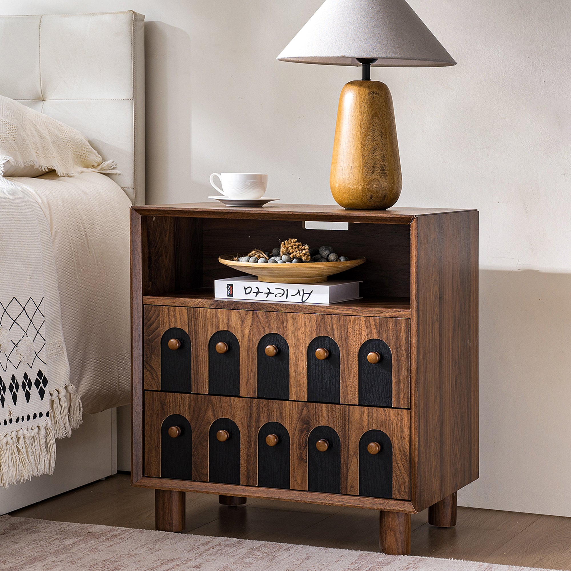 GDFStudio Jie Modern Nightstands with 2 Drawers, Charging Station and Curve Mirror Design, Natural