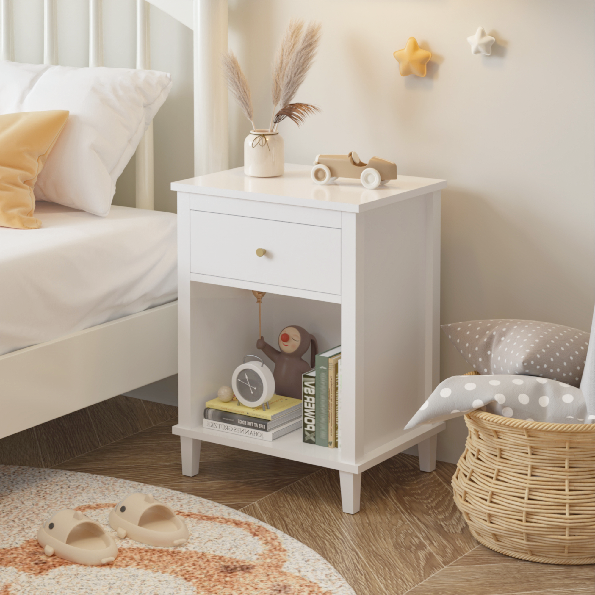 GDFStudio Cliff 26.77''H Wooden Nightstand with Drawer and Shelf, White