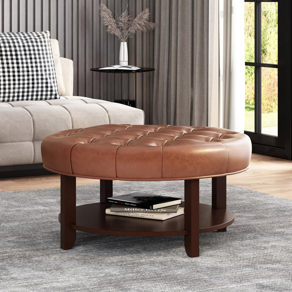 Christopher Knight Home 32" Round Ottoman with Button Tufting & Open Shelf – Modern Coffee Table
