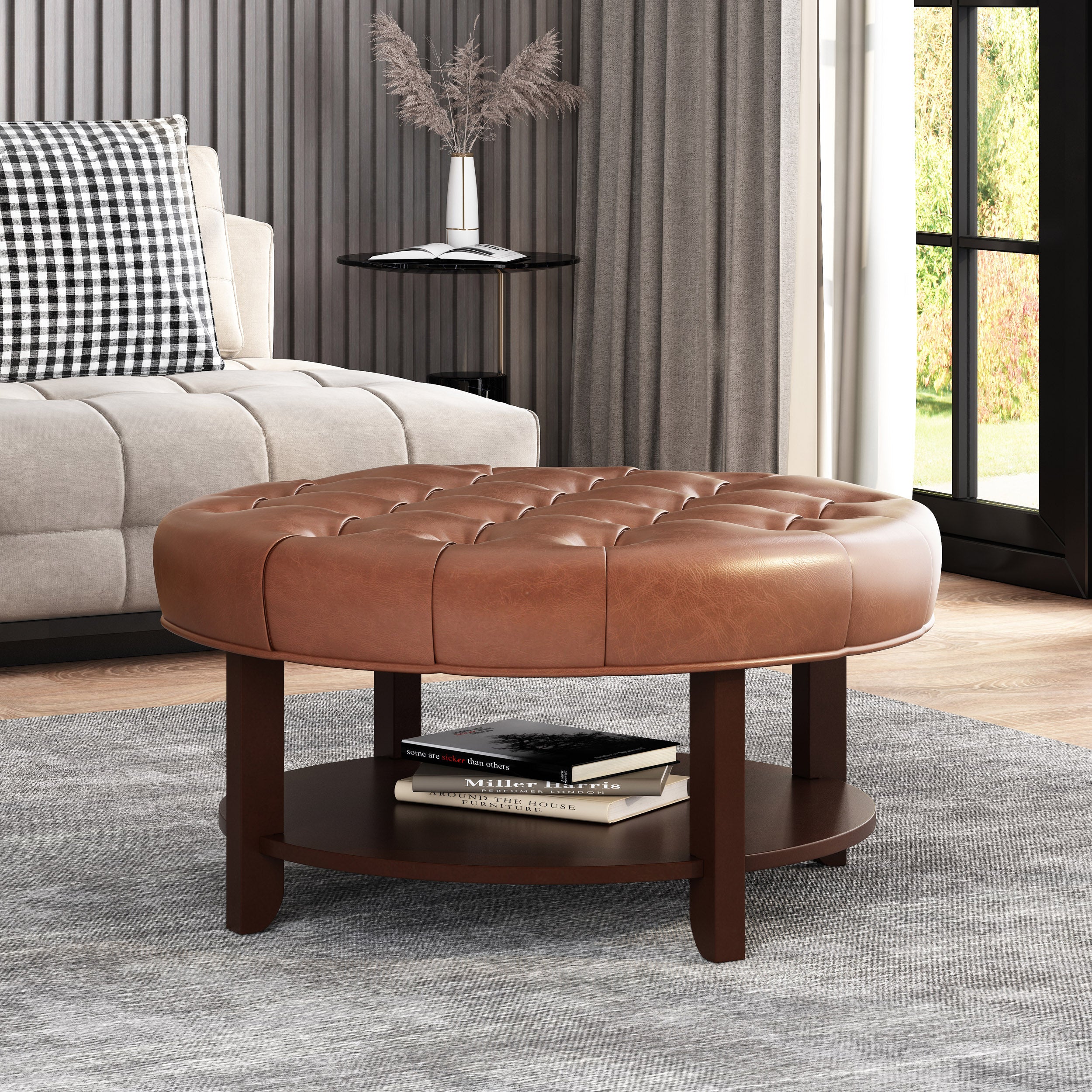 Christopher Knight Home 32" Round Ottoman with Button Tufting & Open Shelf – Modern Coffee Table