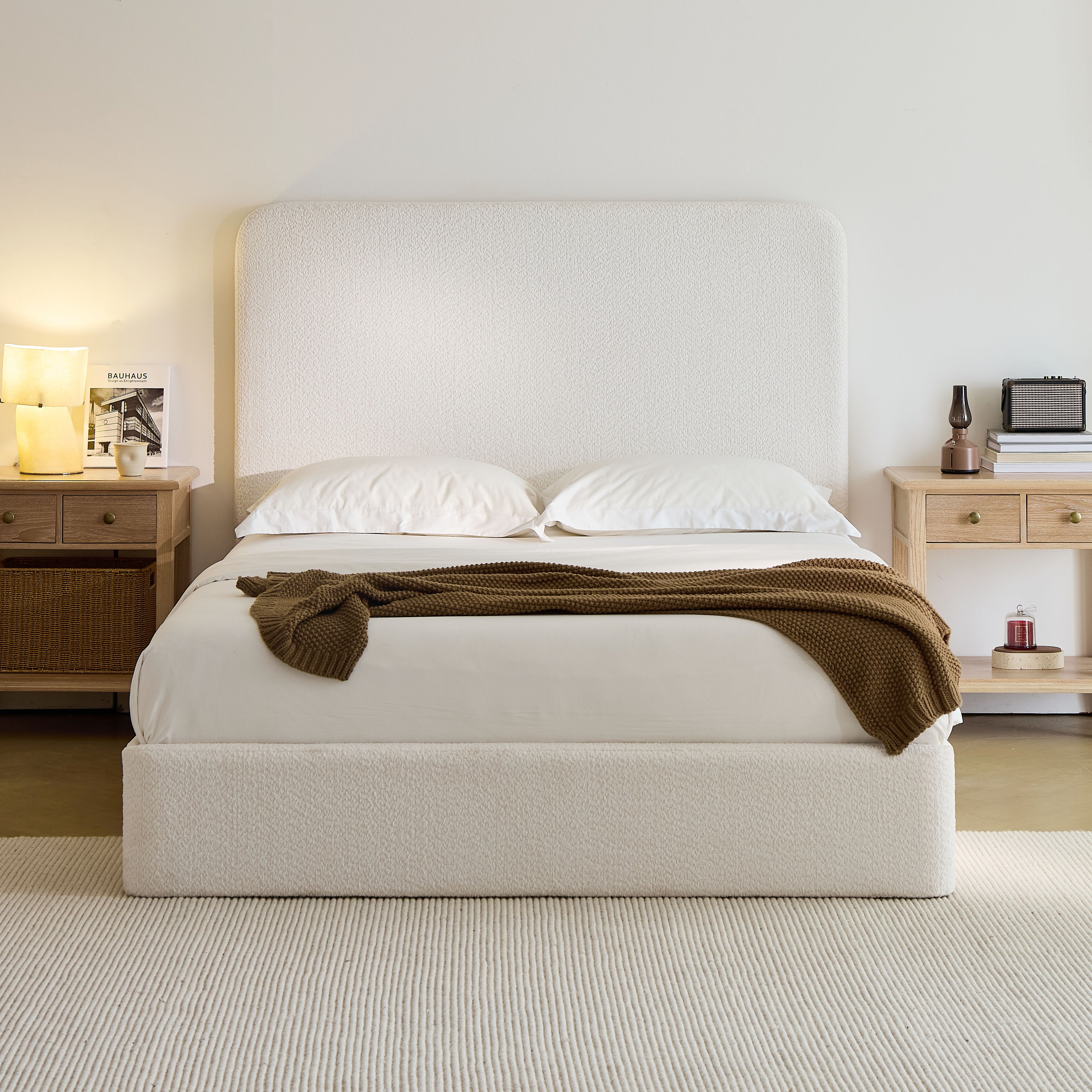 Christopher Knight Home Elen Modern Chenille Upholstered Bed with Headboard, White, King