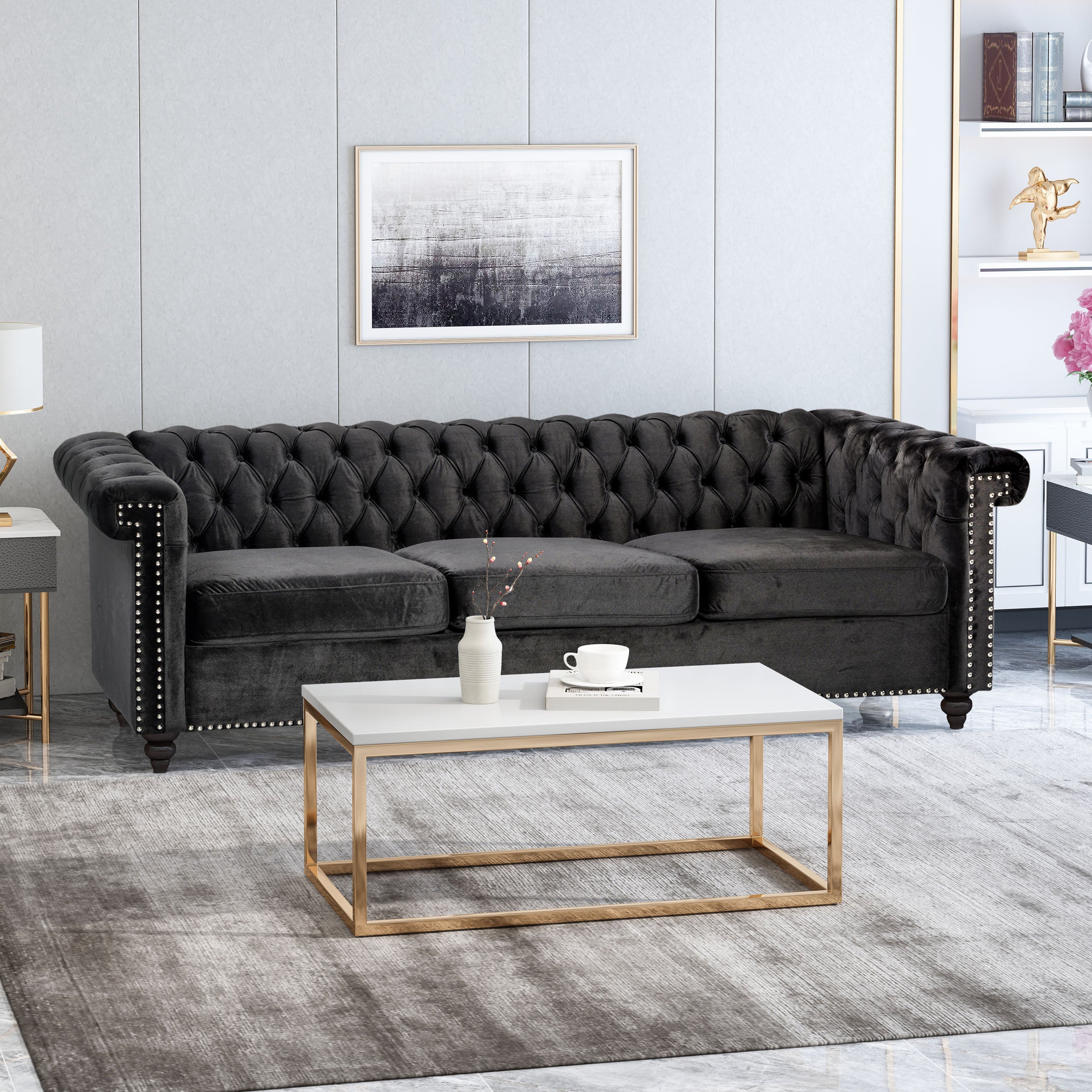 Chesterfield-Style Sofa with Deep Button Tufting & Nailhead Trim – Classic Upholstered Living Room Couch