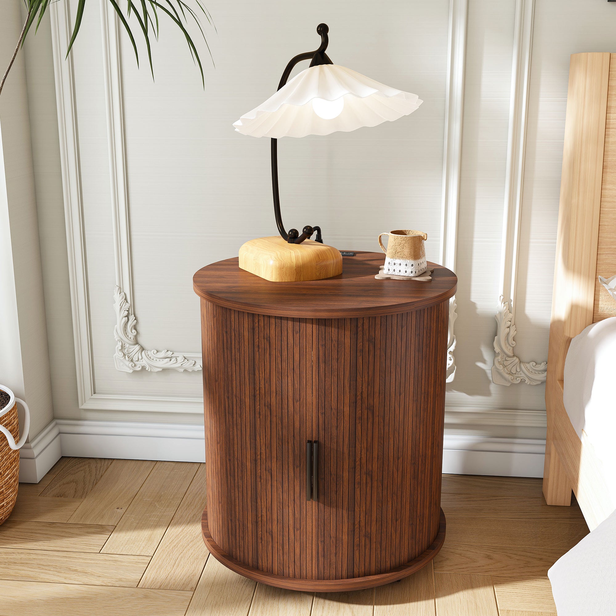 GDFStudio Orion Mid-Century Modern Cylinder End Table with Sliding Door and Charging Station, Walnut