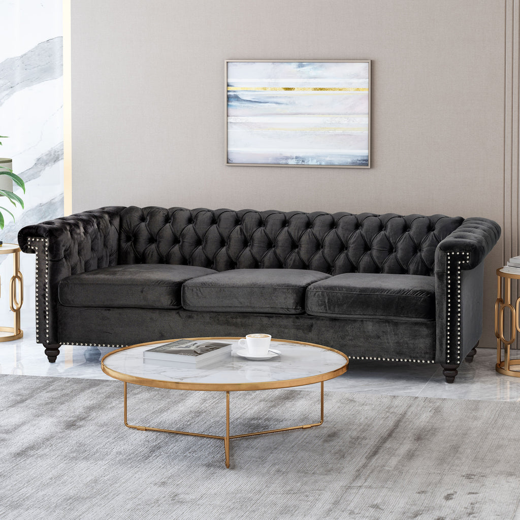 Chesterfield-Style Sofa with Deep Button Tufting & Nailhead Trim – Classic Upholstered Living Room Couch