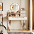 GDFStudio Kael Modern Mirror Makeup Vanity Table with Adjustable Light, 4 Drawers and 3 Open Shelves, White Oak
