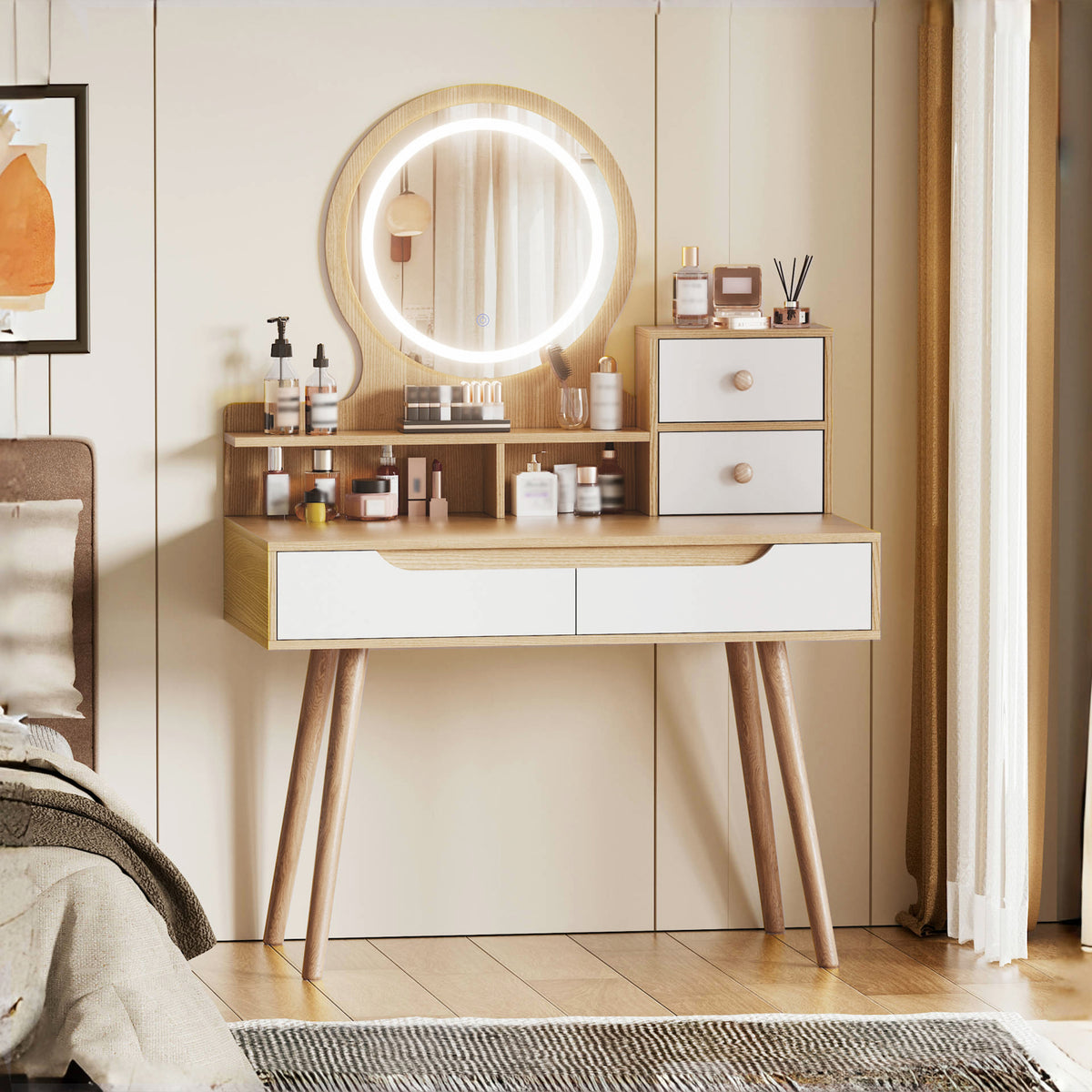 GDFStudio Kael Modern Mirror Makeup Vanity Table with Adjustable Light, 4 Drawers and 3 Open Shelves, White Oak