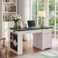 GDFStudio Haoran 55'' Modern Fluted Office Desk with Power Outlet, Keyboard Tray, Door and Drawers, White