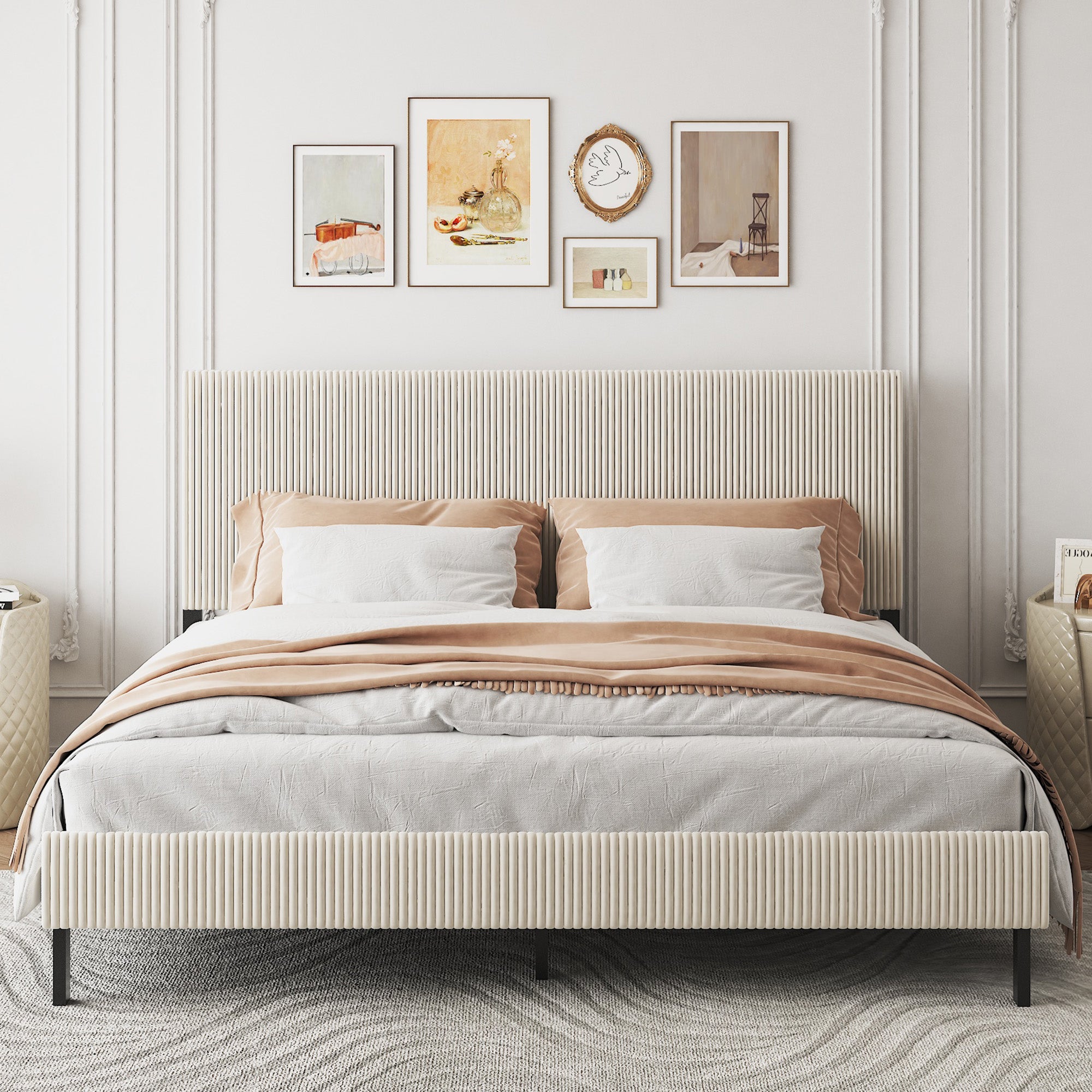 GDFStudio Olli Modern Upholstered Bed with Headboard, Beige, King