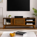 GDFStudio Charles Mid Century Modern Wood 59" TV Stand with 2 Rattan Cabinet Doors, Brown
