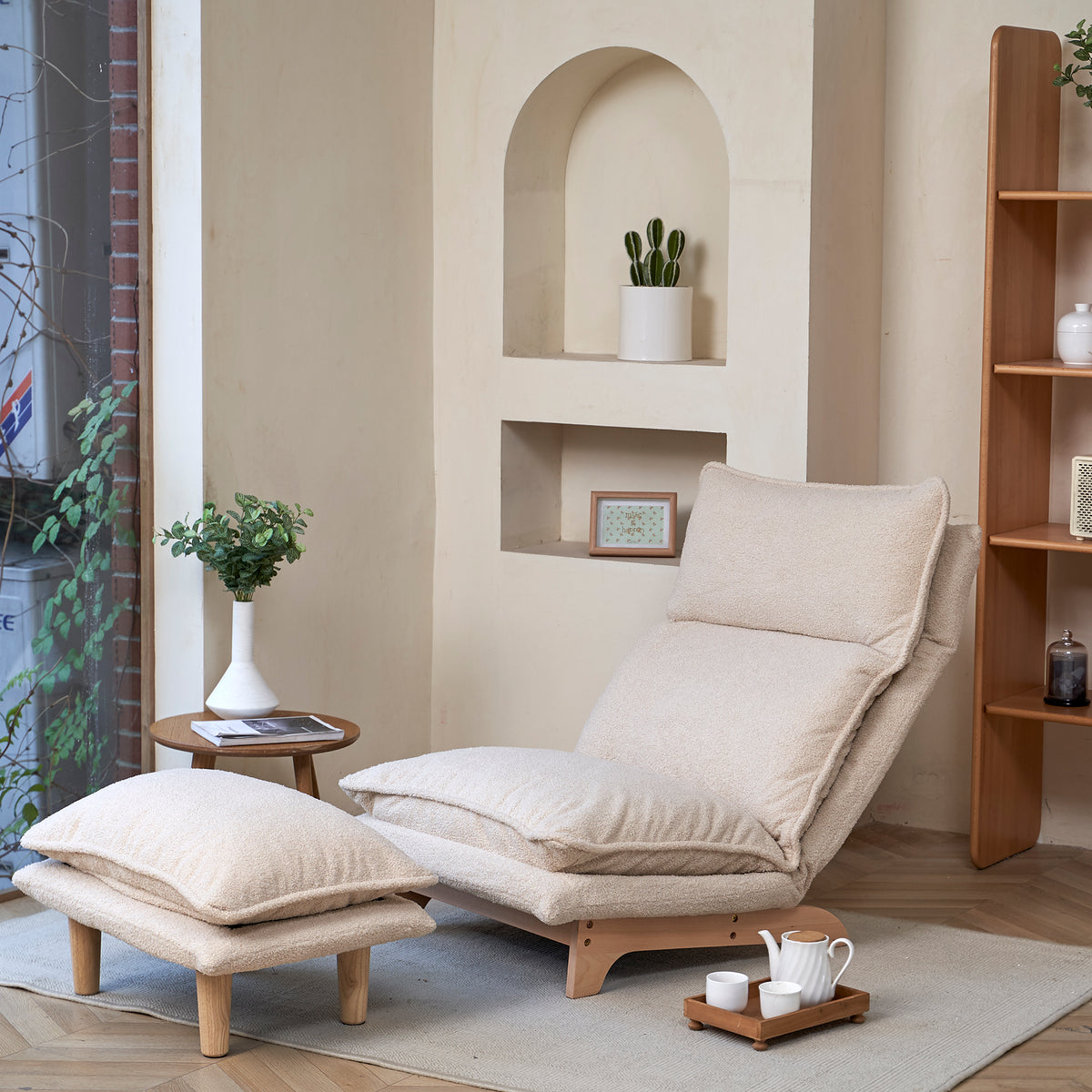 GDFStudio Quentin 2 Piece Adjustable Upholstered Floor Chair with Ottoman, Beige/Teddy Fleece