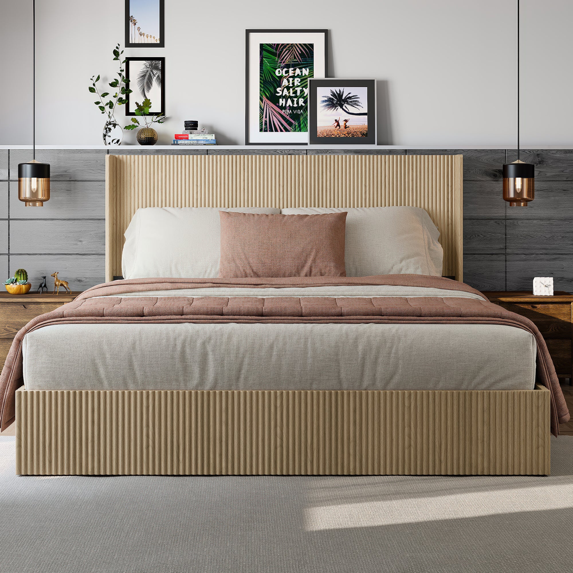 GDFStudio Phyllis Modern Pine Wood Platform Bed with Storage, Oak