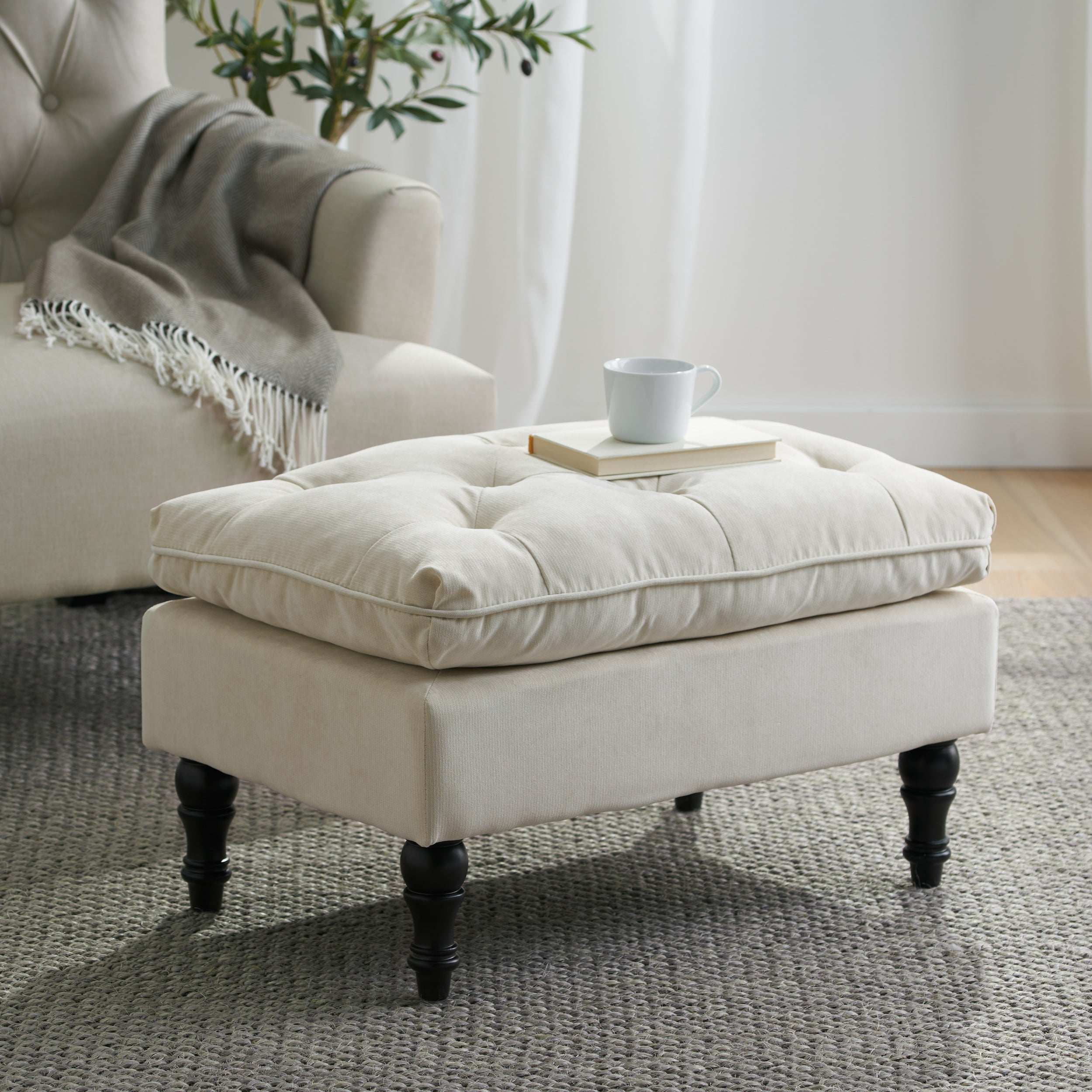 Christopher Knight Home Rectangular Tufted Pillow-Top Ottoman with Birchwood Frame & Turned Legs