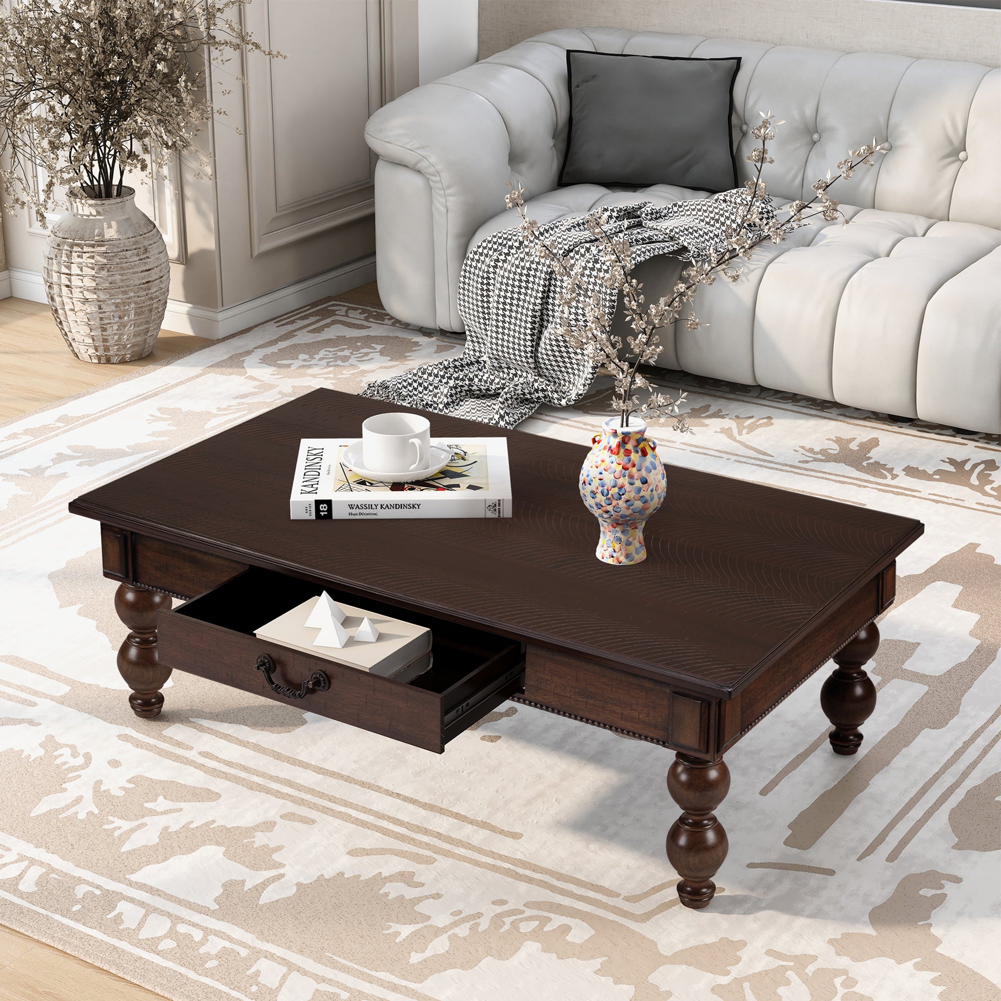 GDFStudio Amira Vintage Rectangular Rubberwood Coffee Table with 1 Drawer, Espresso