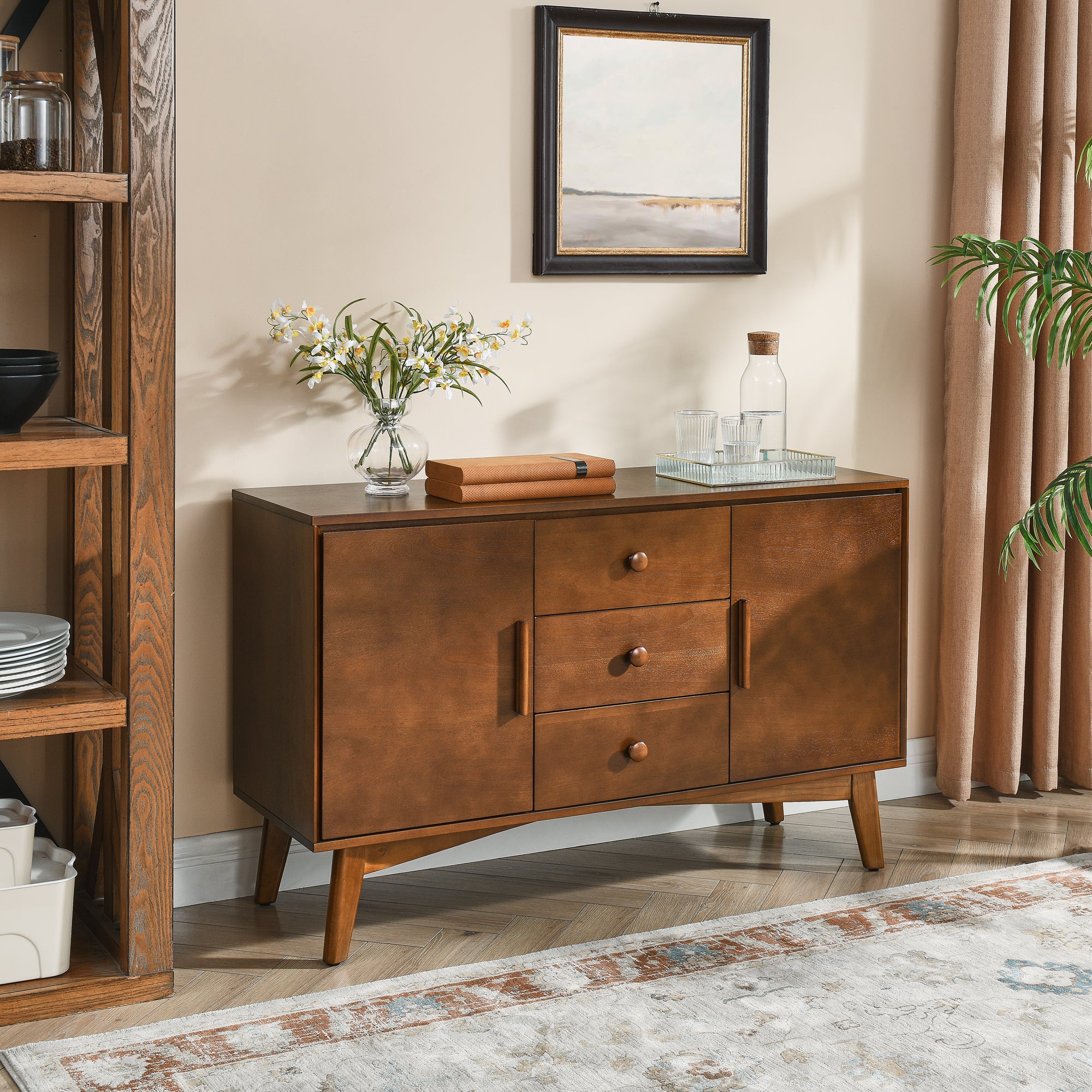 GDFStudio Sigrid Mid Century Modern 47.3" Wood Storage Sideboard with 2 Doors and 3 Drawers, Navy Brown