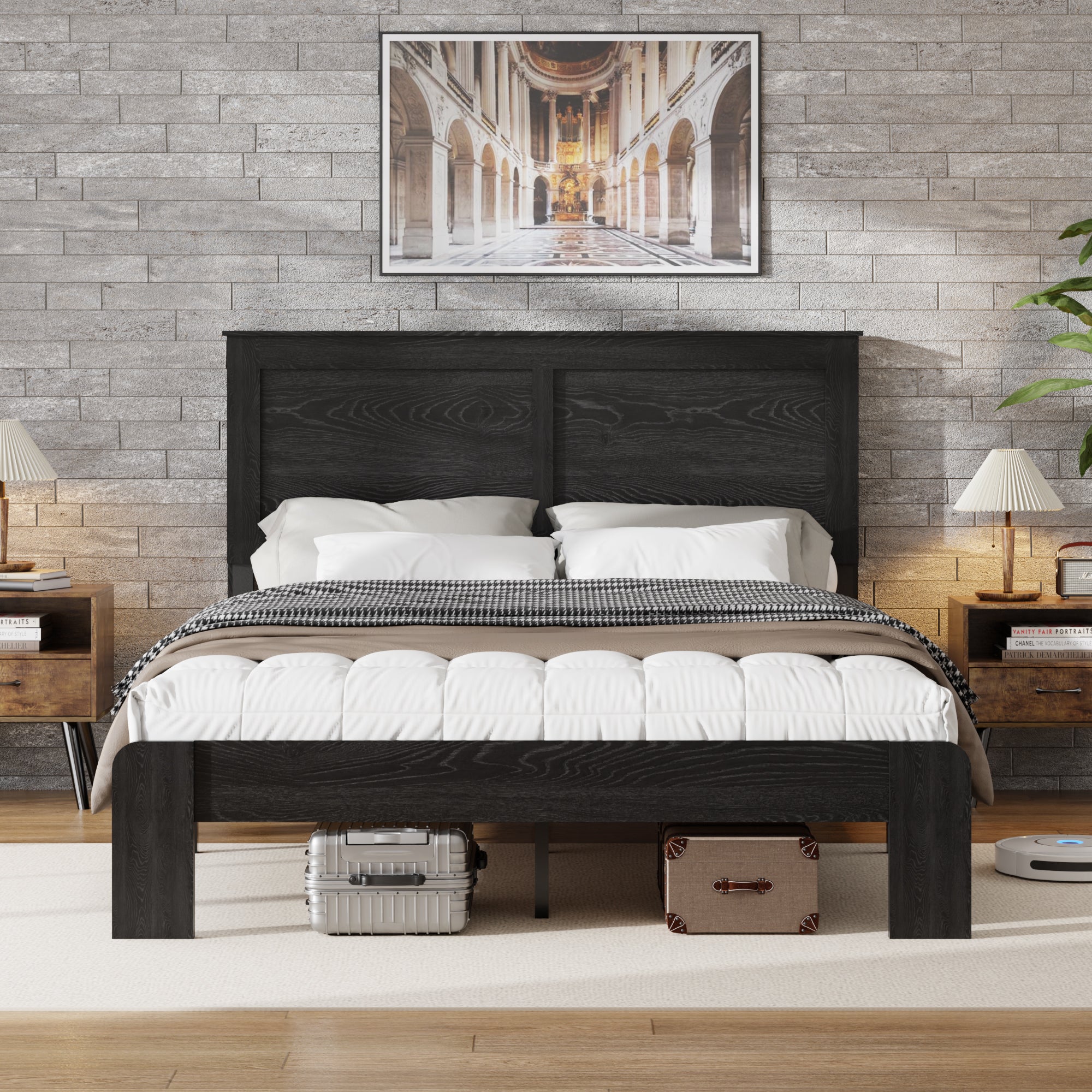 GDFStudio Rixa Industrial Wooden Platform Bed with Headboard, Antique Black, King
