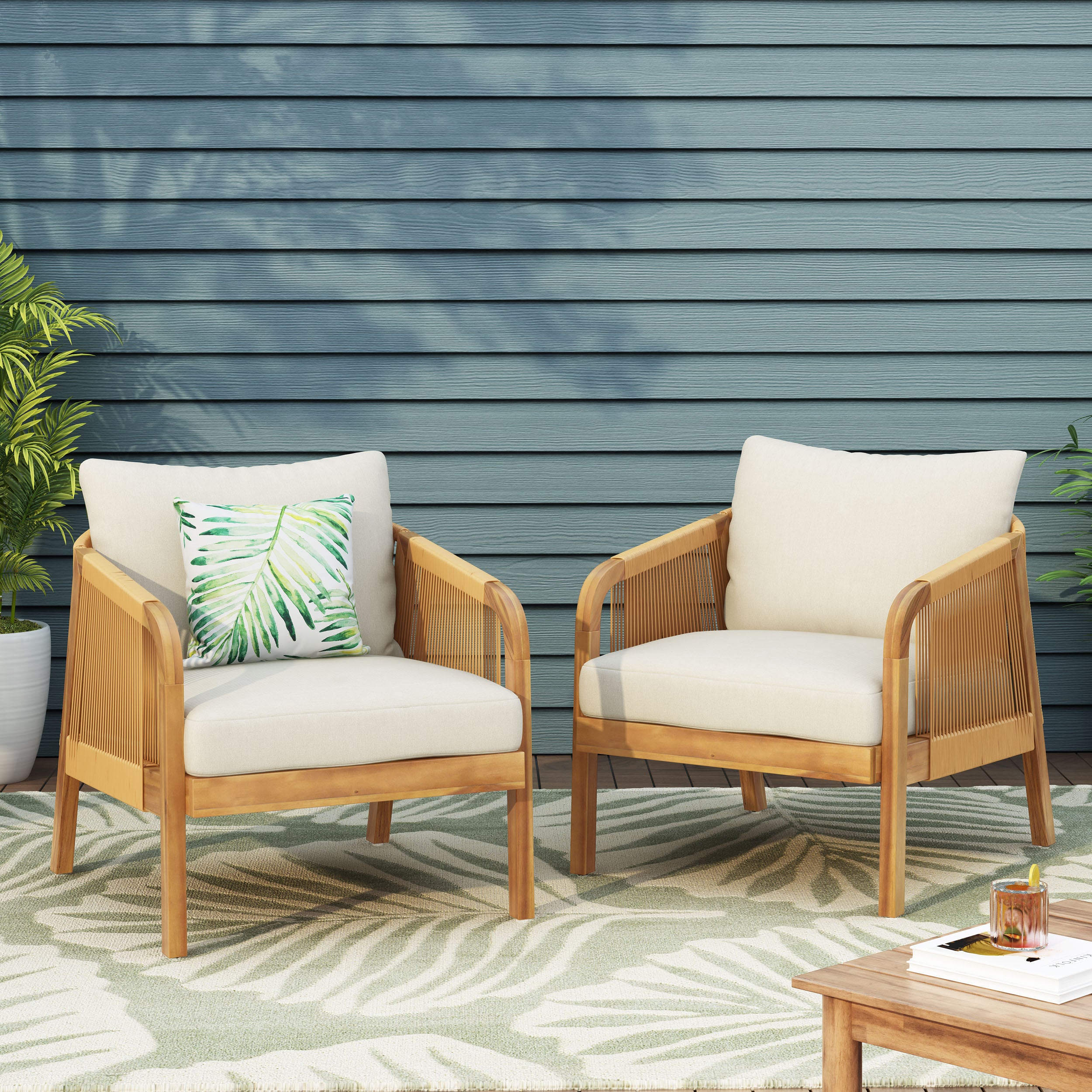 Christopher Knight Home Allerton Outdoor Acacia Wood and Wicker Club Chair with Cushions (Set of 2), Teak and Beige